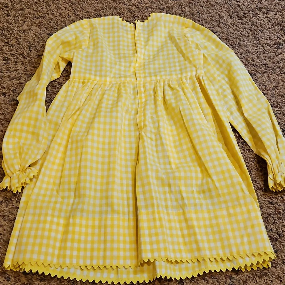 Vintage Yellow White Gingham Long Sleeve Dress Checker Handmade 70s Girls Kids